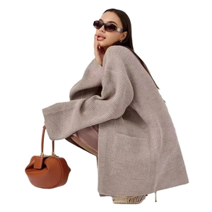 Women's oversized mauve ribbed knit cardigan with loose batwing sleeves and large pockets