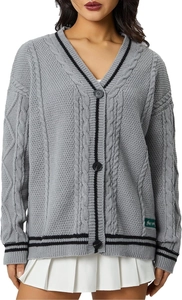 Detail of grey V-neck cable knit cardigan with black stripes and large round buttons