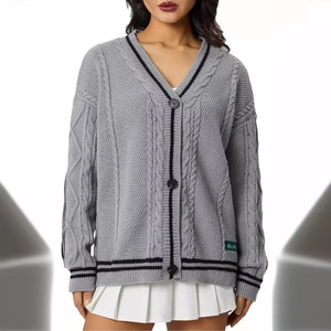 Women's Loose Cable Knit Cardigan Sweater Star Embroidery Contrast Stripe V-Neck Long Sleeve Casual Preppy Knitwear