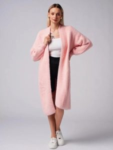 Pink oversized faux mink fur knit cardigan with a loose fit and long length for women