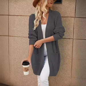 Deep charcoal long knit cardigan for women with open-front design and large side pockets