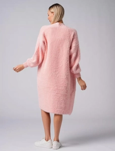 Rear view of pink faux mink fur long cardigan showing loose silhouette and fuzzy texture