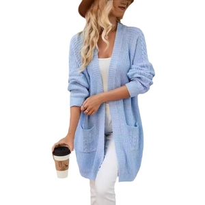 Women long oversized knit cardigan with cable knit pockets and V-neck in light blue