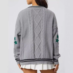 Gray cable-knit cardigan with star elbow patches and striped trims in preppy style