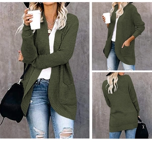 Detailed views of army green waffle knit cardigan with long sleeves and dual side pockets