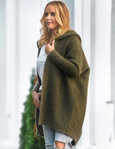 Olive green hooded knit cardigan featuring a textured oversized fit for a chic casual style