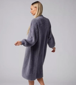 Close-up of gray blue faux mink fur knit cardigan showing soft texture and draped back