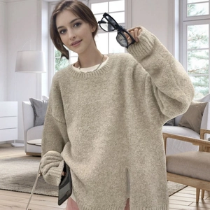 Cozy oatmeal oversized crewneck sweater with drop shoulders for women in fall and winter
