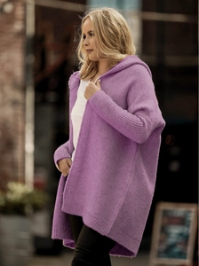 Detail of loose-fit purple hooded cardigan showing soft knit texture and drop shoulders