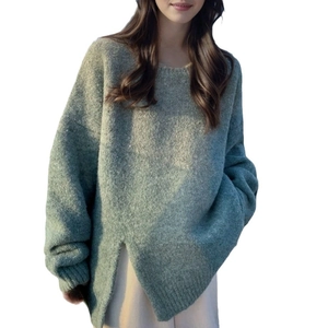 Gray-green oversized round neck sweater with drop shoulders and side split hem detail