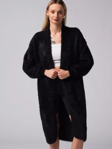 Loose black faux mink fur knitted cardigan sweater for women in mid-length relaxed style