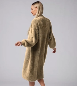 Rear view of long faux mink knit cardigan showing fluffy texture and loose lantern sleeves