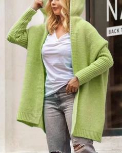 Detail of light green hooded knit cardigan with batwing sleeves and spliced back design
