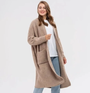 Detail of oatmeal knit cardigan with large ribbed pockets and thick textured fabric