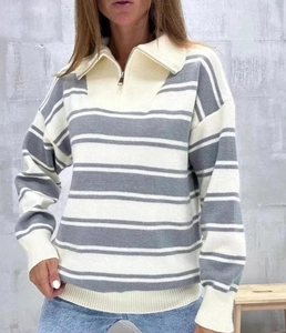 Detail of the half-zip collar and grey striped knit texture on this oversized sweater