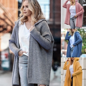 Women Fashion Hooded Knit Cardigan Oversized Batwing Sleeve Mid-length Open Front Sweater Casual Warm Loose Knitwear Outerwear