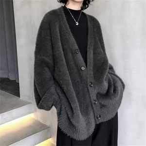 Cardigan en Maille Décontracté pour Femmes Col en V Fausse Fourrure de Vison Ample Boutonnage Manches Longues Automne Hiver
