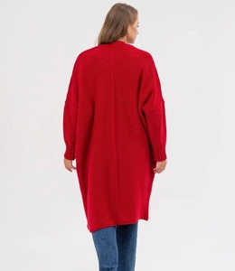 Back view of a long red knit cardigan for women with dropped shoulders and ribbed cuffs