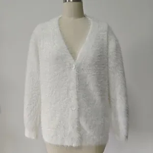 Detail view of white faux mink fur cardigan with V-neckline and textured ribbing