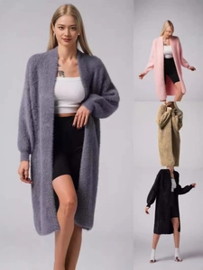 Women Faux Mink Fur Long Cardigan Sweater Loose Lazy Style V-Neck Knitted Coat Soft Warm Solid Color Autumn Winter Outerwear