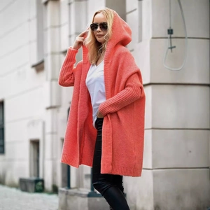 Coral knitted hooded cardigan with loose batwing sleeves and ribbed trim for autumn street style