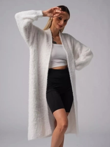 Long white faux mink fur cardigan for women featuring oversized knit and lantern sleeves