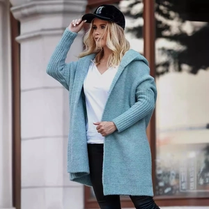Chic light blue hooded knit cardigan for women with loose oversized batwing sleeves