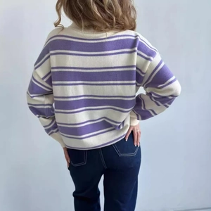 Women's purple and white striped knit sweater with drop shoulder back view design