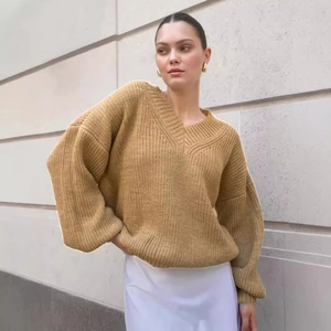 Women Casual V Neck Acrylic Knitted Sweater Oversized Drop Shoulder Long Sleeve Warm Pullover Top Solid Knitwear