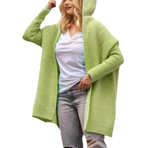 Chic lime green hooded knit cardigan sweater for women in a stylish loose batwing sleeve design