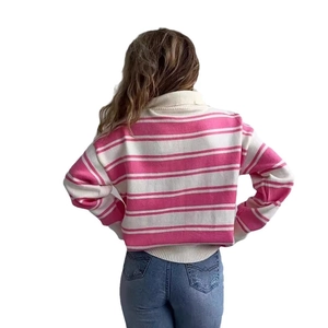Pink and white striped knit sweater featuring a lapel collar and casual loose fit