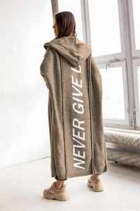 Back view of khaki hooded long knit cardigan with NEVER GIVE UP letter printing
