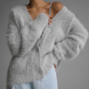 Fuzzy light grey V-neck knit cardigan with plush texture and matching buttons