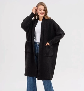 Close-up of black oversized knit cardigan featuring ribbed cuffs and large side pockets
