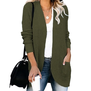 Women's open front knit cardigan sweater in dark green with handy side pockets