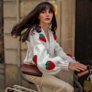 White chunky knit V-neck cardigan with red strawberry embroidery for a relaxed fit style