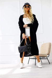 Detailed view of women long knit cardigan with vertical NEVER print and casual styling
