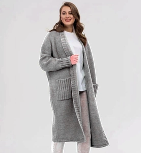 Close-up of chunky knit gray long cardigan with large front pockets and ribbed texture