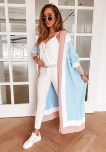 Detailed full-length shot of a long color-block knit cardigan in pastel blue and pink