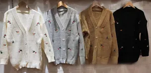 Detail von bunten Blumenstickereien und großen Rundknöpfen an einer V-Ausschnitt-Strickjacke