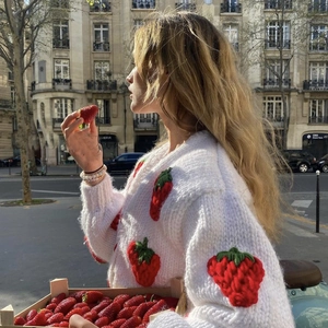 Chunky white knit cardigan with 3D strawberry embroidery and vintage V-neck loose fit