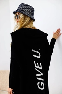 Detail view of long black hooded cardigan with white GIVE U letter print on back