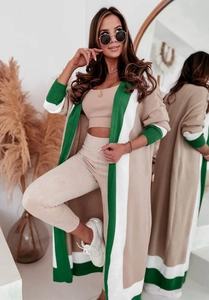 Three-piece beige knit set featuring long hooded cardigan with green striped trim