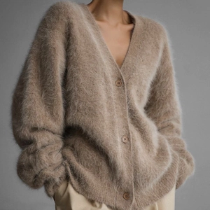 Loose V-neck mink cashmere knit cardigan sweater in light camel for women's autumn style