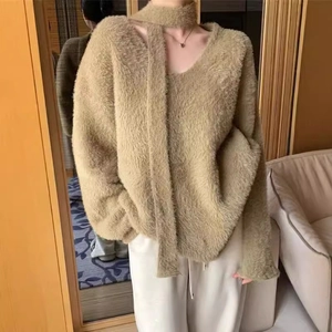 Women's Faux Mink Fur Pullover Sweater With Scarf V-Neck Loose Knitwear Soft Warm Fuzzy Long Sleeve Top Korean Style