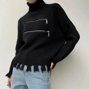 Maglione Donna Casual Effetto Distressed Collo Alto Doppia Cerniera Orlo Strappato Manica Lunga Slim Fit Maglieria Corta