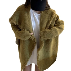 Women's oversized knit cardigan with fringe trim and wide collar in olive green