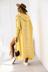 Detail of yellow long hooded cardigan with Never Give Up white print on the back
