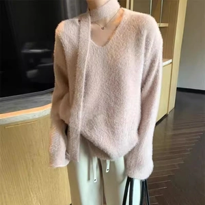 Women's V-neck faux mink fleece sweater set with matching scarf in soft apricot knit