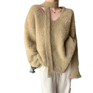 Chic V-neck faux mink sweater set with matching scarf in soft khaki knitwear